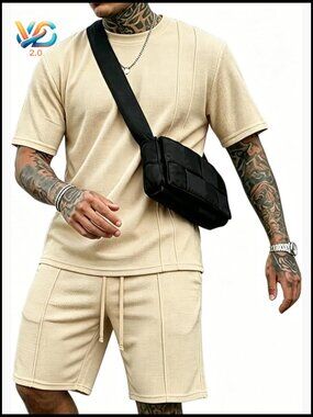 Men's 2 Piece Waffle Knit Short Set Lounge Tracksuit
